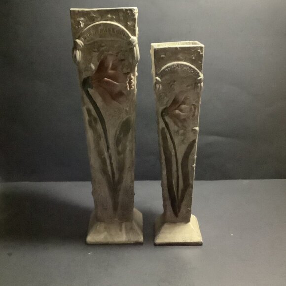 WILD DAFFODIL Set Of Two Pottery Vases Colors Grey Green & Rose 14" & 12" Tall - Picture 1 of 5